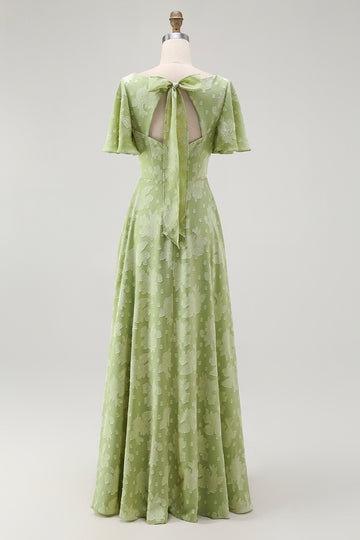 Green Floral A Line Short Sleeve Bridesmaid Dress